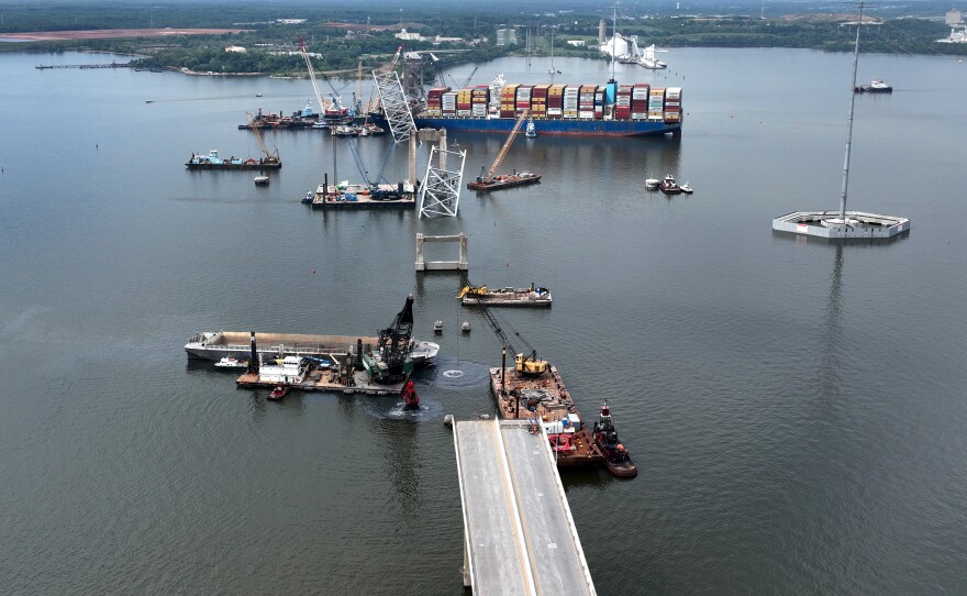 Salvage crews continue to remove wreckage from the Dali six weeks after the cargo ship collided with the Francis Scott Key Bridge in Baltimore.