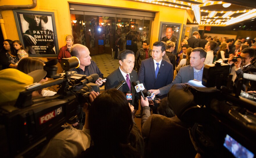 San Diego Councilmen Todd Gloria and David Alvarez outside the Balboa Theatre after Mayor Kevin Faulconer's State of the City address, Jan. 14, 2015.