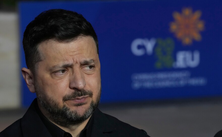 Ukraine's President Volodymyr Zelenskyy makes statements as he arrives for the EU Summit in Ayia Napa, Cyprus, Thursday, April 23, 2026.