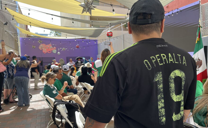Mexican soccer fans wear their team's kits during a watch party at the Consulate General of Mexico in San Diego, June 11, 2026.