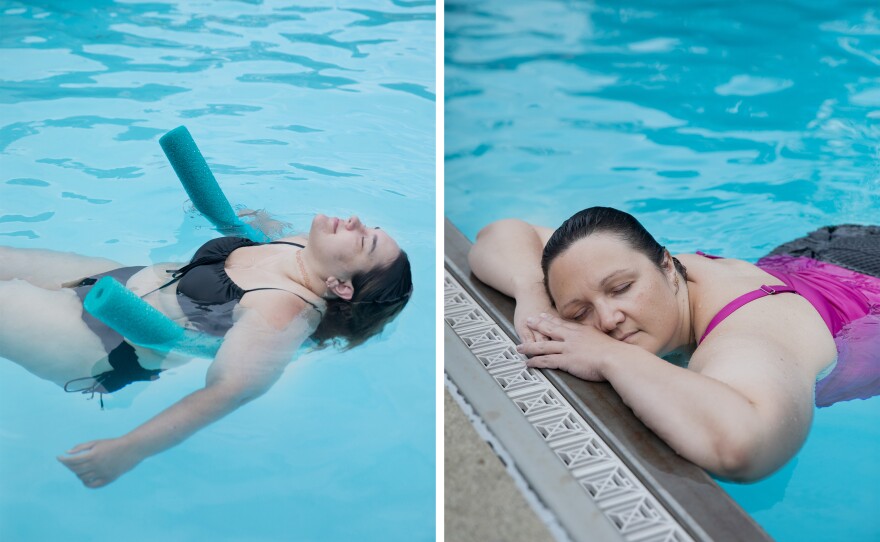 Kiana Mooney and Alicia Buda enjo a peaceful moment in the pool at Camp Roundup, a pro-fat body positivity and acceptance camp for women that took place labor day weekend in Newark, Ohio.