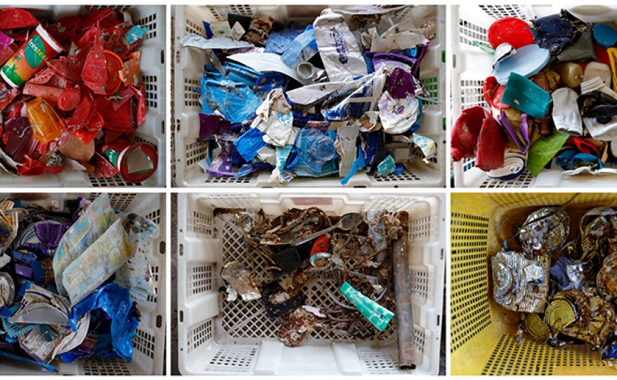 A combination picture shows plastics sorted inside baskets at a collecting site in Mojokerto, East Java province, Indonesia, Aug. 1, 2019.