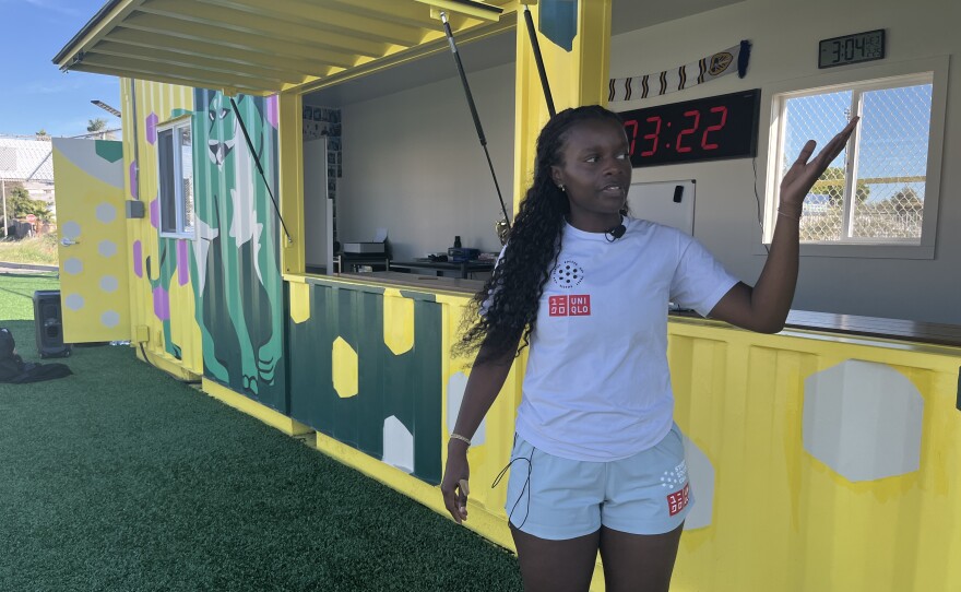 Street Soccer USA Coach Kailen Aldridge talks in front of the clubhouse at Adam R. Scripps Street Soccer Park, Feb. 25, 2026.