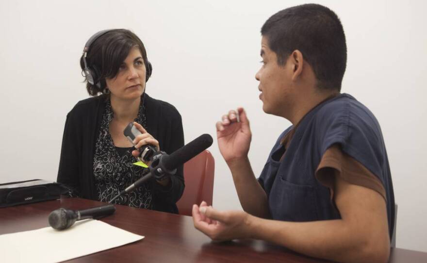 The California Report’s Sasha Khokha interviews Luna Guzmán inside Otay Mesa Detention Center in March 2019.