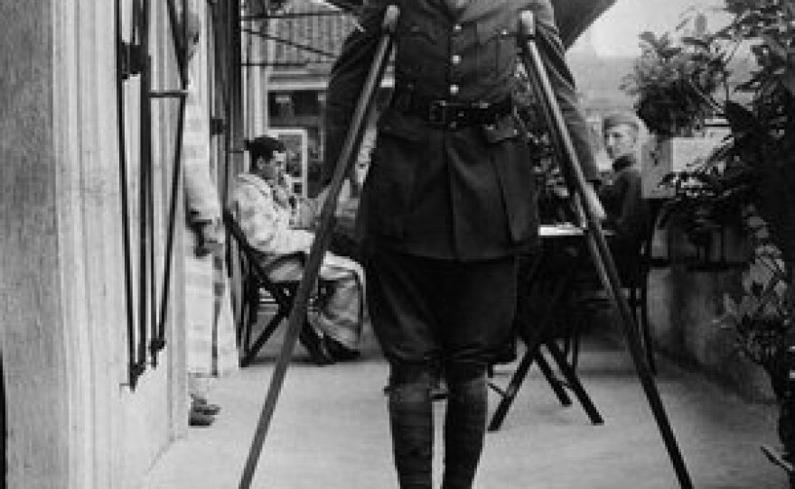 A teenage Hemingway on crutches while recovering in Milan, Italy, in September 1918.