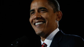 <strong>Then:</strong> On Election Night in 2008, a jubilant Barack Obama greeted supporters in Chicago.