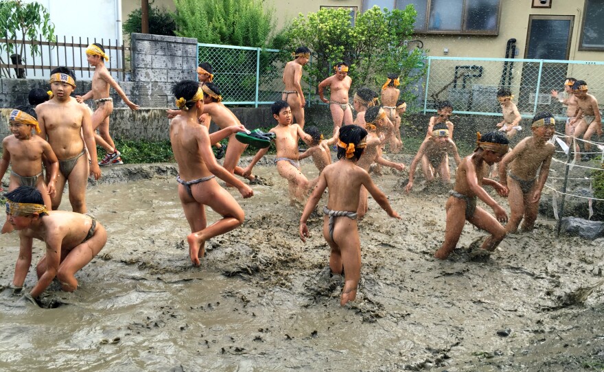 The big conclusion — and the highlight for the participants — is jumping into a formerly pristine, shallow pond on the grounds of the Shinto temple. Once the boys meet the water, it becomes more of a giant, muddy puddle.