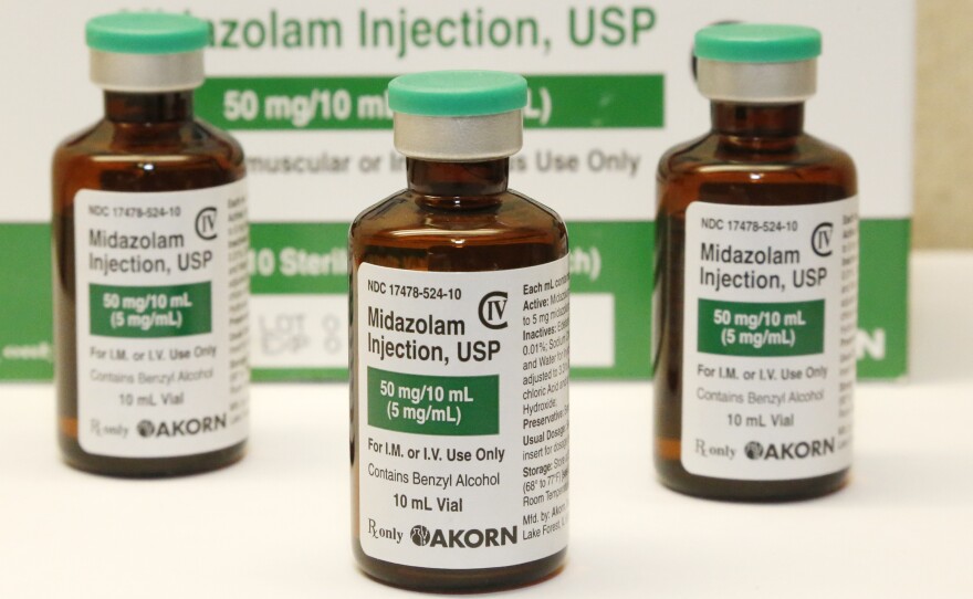 Bottles of the sedative midazolam at a hospital pharmacy in Oklahoma City.