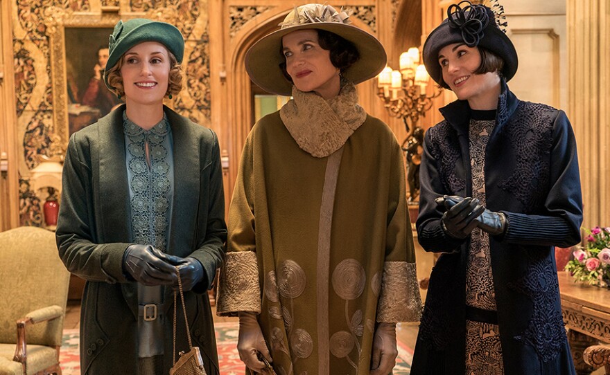 Laura Carmichael as Lady Edith, Elizabeth McGovern as Cora Crawley and Michelle Dockery as Lady Mary