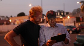 Space 4 Art founder Chris Warr goes over the show cues with “Adjacent Possible” curator Patrick Stewart.