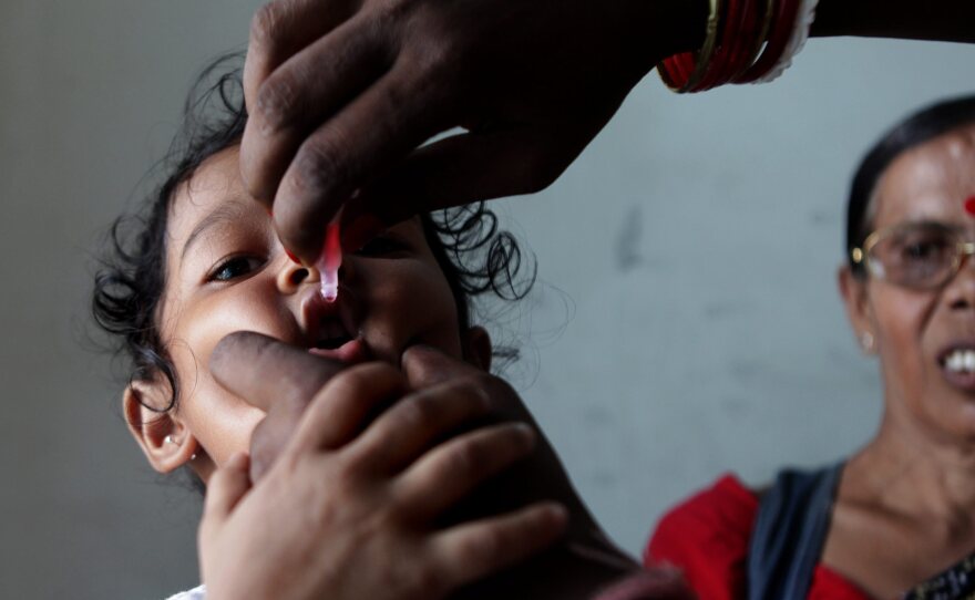 Two drops of life: An Indian girl gets vaccinated for polio at a home in Calcutta.