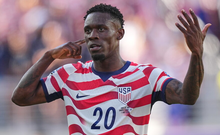 United States' Folarin Balogun (20) reacts after scoring his team's first goal during the World Cup round of 32 soccer match between the United States and Bosnia-Herzegovina in Santa Clara, Calif., near San Francisco, on Wednesday.