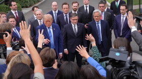 President Donald Trump speaks to reporters at the White House in Washington, Tuesday Sept. 29, 2026, after meeting with top executives of AI firms, as House Speaker Mike Johnson of La., and NVIDIA CEO Jensen Huang listen.