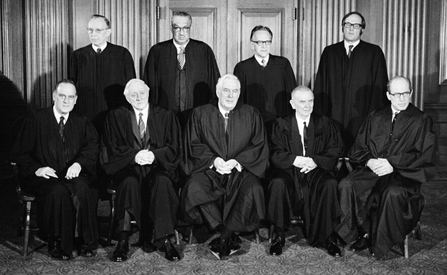 Members of the Supreme Court in 1972. Seated from left are Potter Stewart, William O. Douglas, Chief Justice Warren E. Burger, William J. Brennan Jr. and Byron R. White. Standing, from left, Lewis F. Powell Jr., Thurgood Marshall, Harry A. Blackman, and William H. Rehnquist.
