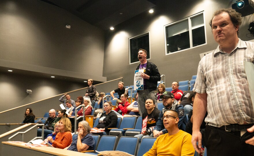 Shouts of anger and frustration filled the room after the school board refused to consider the resolution on Nov. 13, 2025.