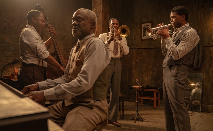 Left to right: Michael Potts as Slow Drag, Glynn Turman as Toldeo, Colman Domingo as Cutler, and Chadwick Boseman as Levee.