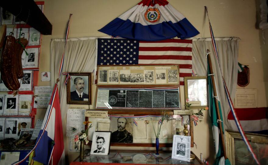 A portrait of Hayes hangs next to a portrait of Abraham Lincoln among other artifacts in the city museum in the town named after the 19th U.S. president.