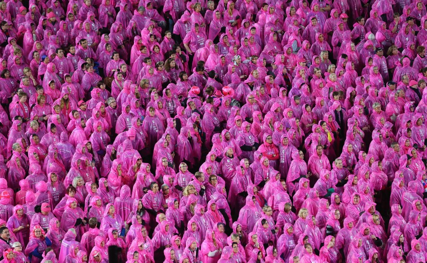 Spectators dressed in pink form the shape of a pink lady for breast cancer awareness in Melbourne, Australia. There was a backlash when pink was chosen as the symbolic color of breast cancer.