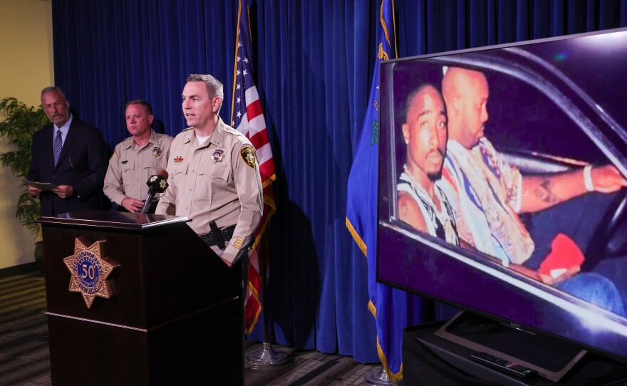 At the announcement of the arrest and indictment of Duane "Keffe D" Davis, Las Vegas police and prosecutors displayed an image of Tupac Shakur and Marion "Suge" Knight Jr. in a car in Las Vegas the night Shakur was killed.