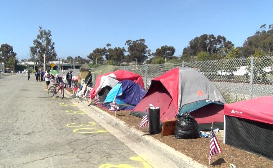 Line of tents at the Oceanside homeless encampment on South Oceanside Boulevard, April 9, 2021.