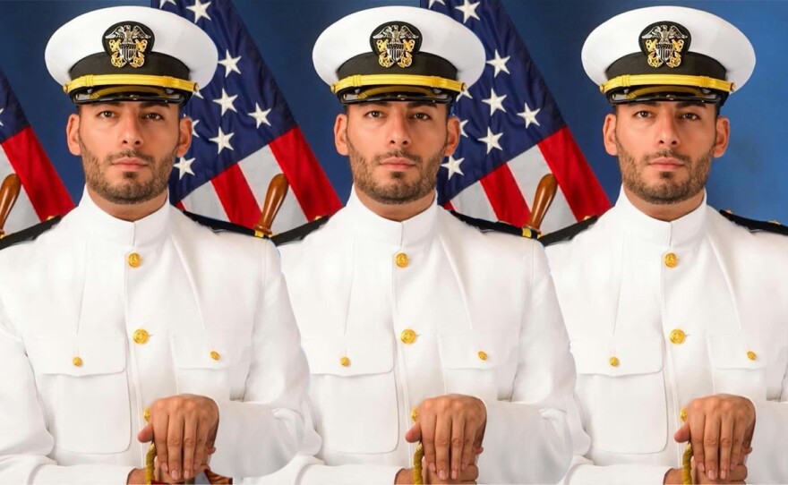 Collage of images of Ammar Campa-Najjar in his military attire.