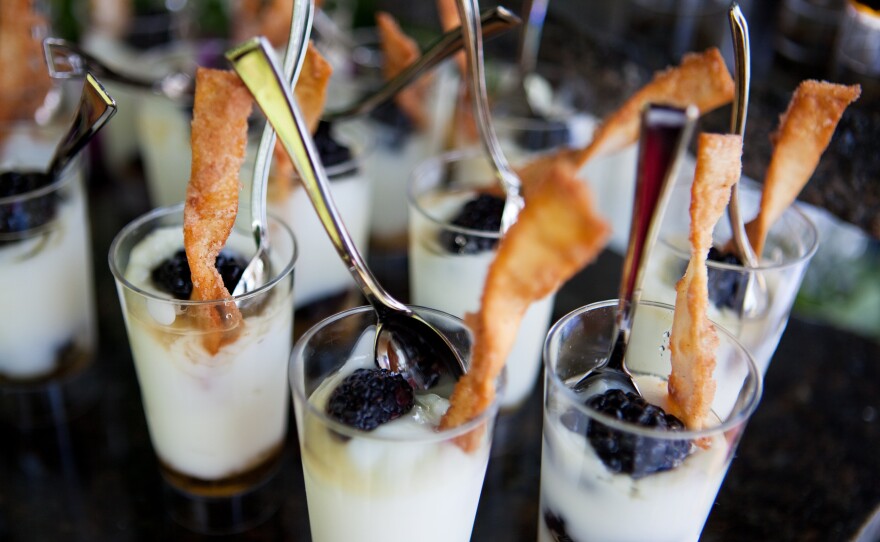 Low-fat yogurt parfaits with berries are currently sold in kiosks along the National Mall in D.C. The version served at the tasting event came topped with cinnamon wonton crisps.
