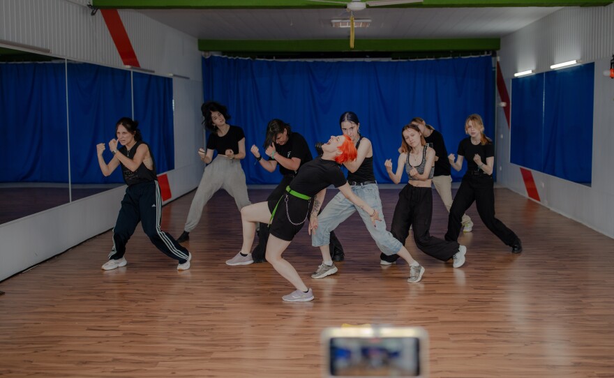 The Phantom Blue dance squad rehearses choreography for their next public taping and performance in a studio on the outskirts of Kyiv.