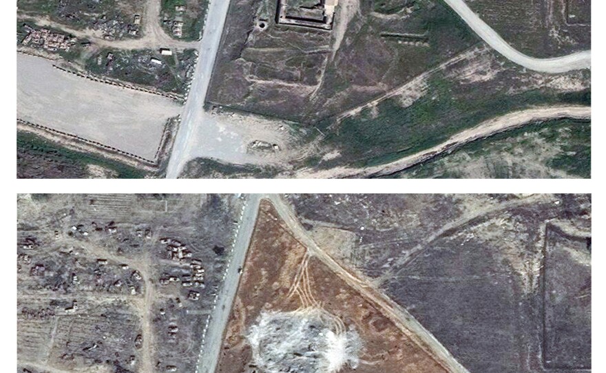 This combination of two satellite images provided by DigitalGlobe, taken on March 31, 2011 (top), and Sept. 28, 2014, shows the site of the Christian monastery known as St. Elijah's, or Dair Mar Elia.