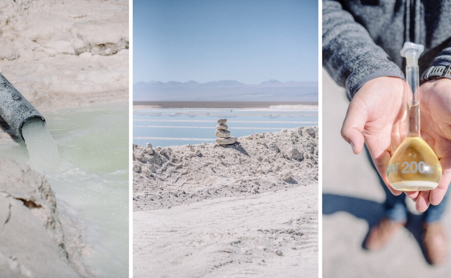 Left: Lithium mines extract groundwater brine that is 10 times saltier than seawater. It is evaporated over 18 months into a 6% lithium solution. Center: Piles of salt, a byproduct of the evaporation process. Right: A sample of lithium concentrate ready to be transported to a plant for purification.