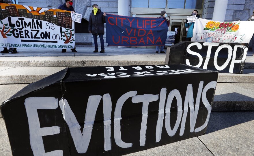 Tenants' rights advocates demonstrated in Boston in January, calling on the Biden administration to extend the CDC eviction moratorium.