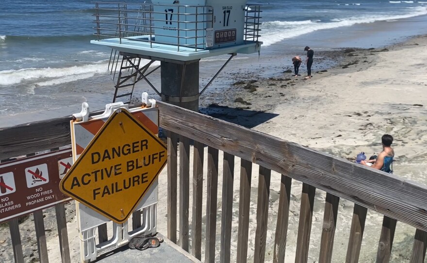 A sign at San Elijo State Beach stating, "Danger Active Bluff Failure." April 29, 2021.
