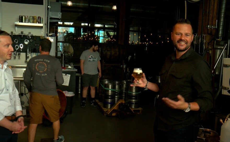 Assemblymember Matt Haney is shown during a stop at Resident Brewery on C Street in downtown San Diego on Nov. 13, 2024.