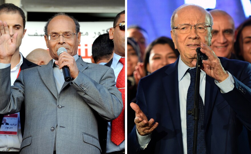 The two candidates in Sunday's runoff presidential election are incumbent Moncef Marzouki, left, who has been serving on an interim basis, and Beji Caid Essebsi, 88, who held posts in the old regime that was ousted in 2011.