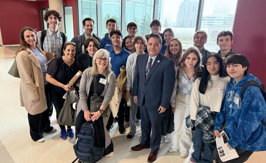 A group of students from Coronado and Chula Vista meet state Sen. Steve Padilla (front center) in Sacramento on Jan. 21, 2025. They lobbied for two bills related to the Tijuana River sewage crisis. 