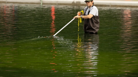 A National Park Service employee uses a vacuum to clean the Lincoln Memorial Reflecting Pool. (AP Photo/Mark Schiefelbein)