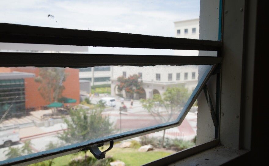 Replacing old windows, like this one shown on July 25, 2019, will be part of the renovations at the Professional Studies and Fine Arts building at San Diego State University.
