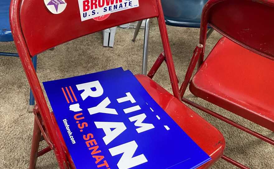 Signs for Ryan and U.S. Sen. Sherrod Brown at Washington County Democratic headquarters in Marietta. "Sherrod Brown is an economic Ohio Democrat, and so am I," Ryan said.
