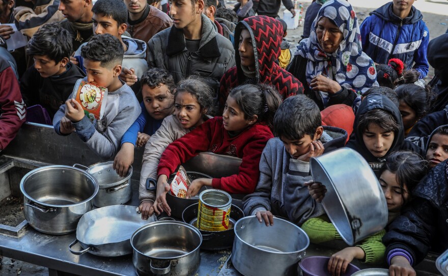 In Gaza, people line up for food distribution.
