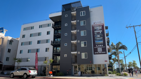 A new apartment building near San Diego State University is shown on March 26, 2026.