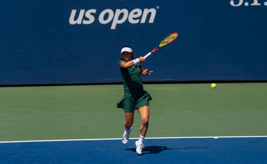 Tennis player Alyssa Ahn competes at the U.S. Open in New York City, Monday, Aug. 25, 2025.