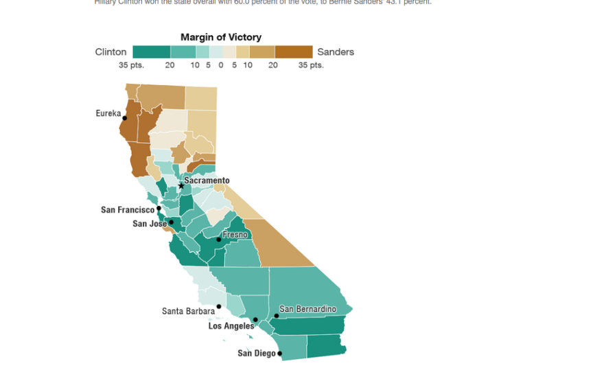 This map shows the margin of victory between Hillary Clinton and Bernie Sanders in California.