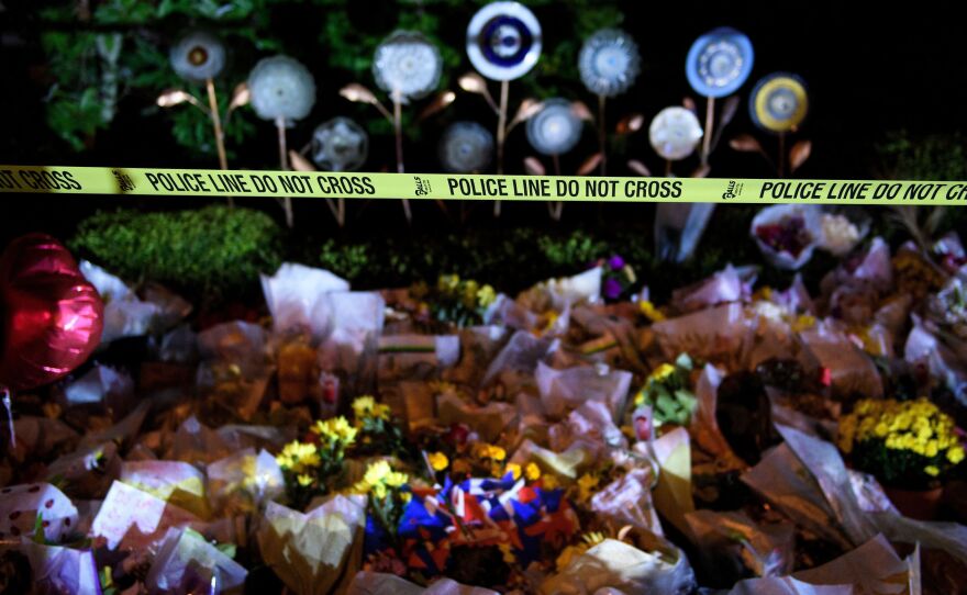 A memorial is seen outside the Tree of Life congregation in Pittsburgh. When President Trump arrives, he is expected to meet with members of the local Jewish community.