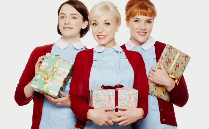 Nurse Barbara Gilbert (Charlotte Ritchie), Nurse Trixie Franklin (Helen George) and Nurse Patsy Mount (Emerald Fennell) celebrate the holidays.