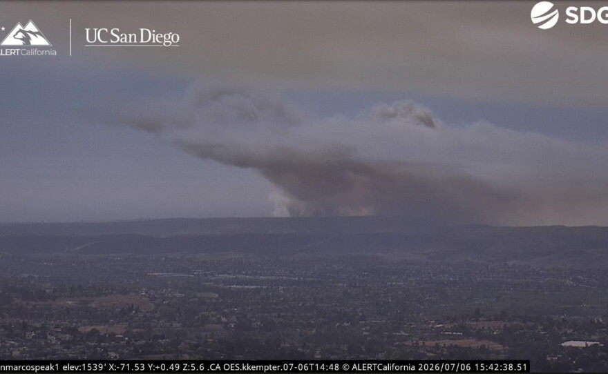 Smoke from the Pipeline Fire on Camp Pendleton rises into the sky on July 6, 2026.