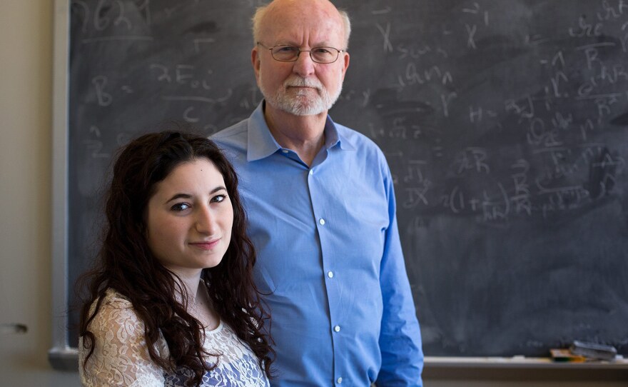 Ariella Yosafat, president of the MIT Active Minds chapter, and MIT physics professor John Belcher.