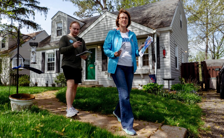 Trish Gunby, Democratic congressional candidate for MO-02, and her communications director, Kyle Gunby, canvas for voter support in Glendale, Mo.