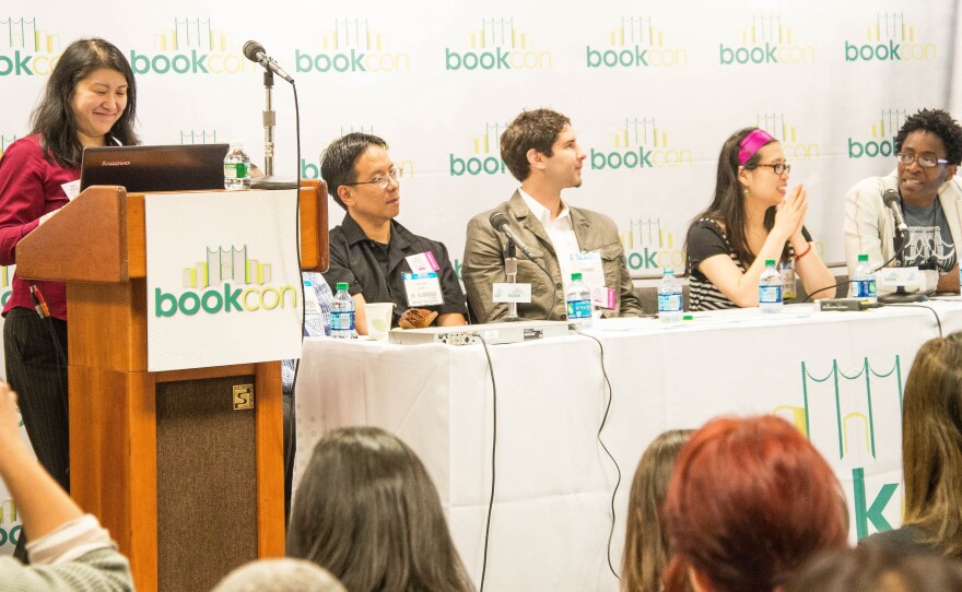 In 2014, BookCon responded to the We Need Diverse Books campaign by inviting it to form its own panel. Pictured here, left to right: I.W. Gregorio, Mike Jung, Matt de la Pena, Grace Lin and Jacqueline Woodson.