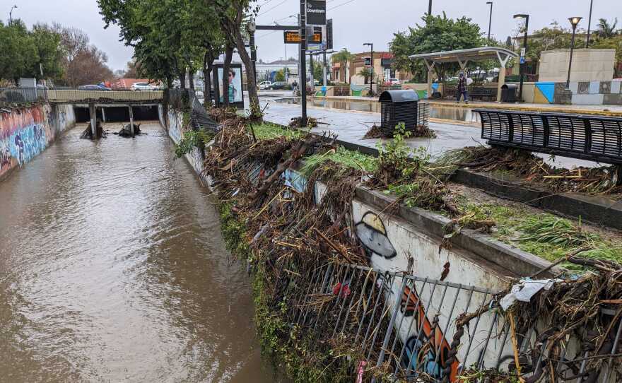 Large pools of water at a trolley station in Chollas View. San Diego, Calif. Jan. 22, 2024.
