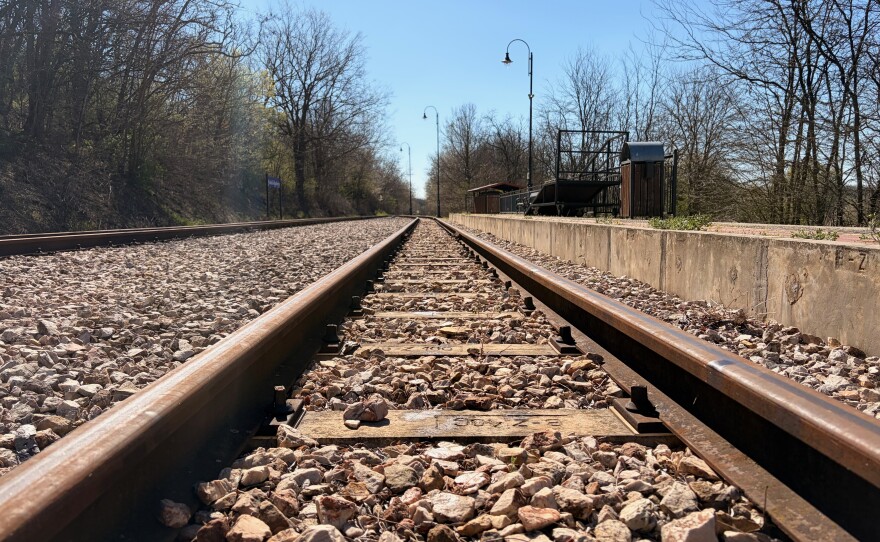 A portion of Puskás Akadémia stop on the The Vál Valley Light Railway.
