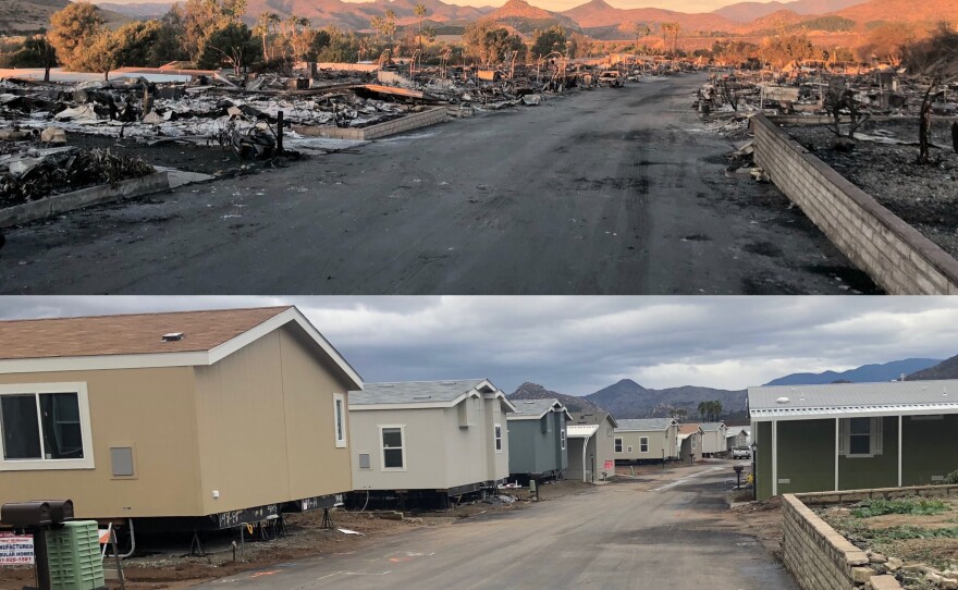 The top photo is the destruction left by the Lilac Fire days after it hit the Rancho Monserate Country Club in Fallbrook on Dec. 11, 2017. The bottom photo is what the country club looks like now, with many of the mobile homes replaced, Dec. 7, 2018.